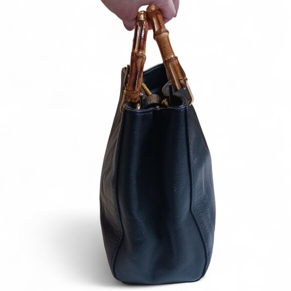 Emma Fox Black Pebbled Leather Handbag Bamboo Handles Removable Crossbody Strap - Picture 3 of 13